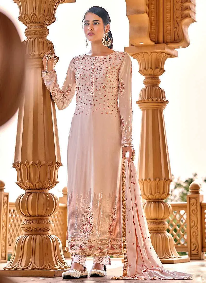 Baby Pink Heavy Embroidered Straight Pant Style Suit