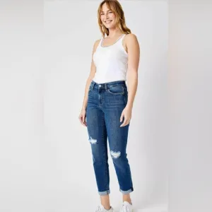 Judy Blue MR Slim Fit Ankle Cropped Blue Jeans with Distressed Details