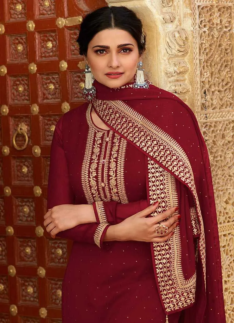 Maroon Embroidered Pant Style Suit