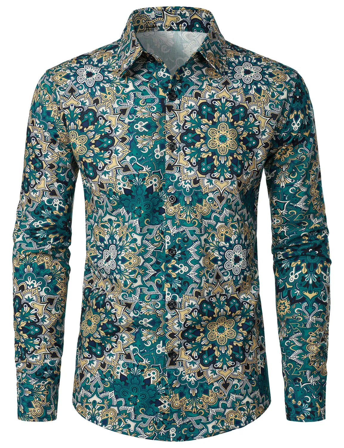 Men's Mandala Print Cotton Button Up Long Sleeve Dress Shirt