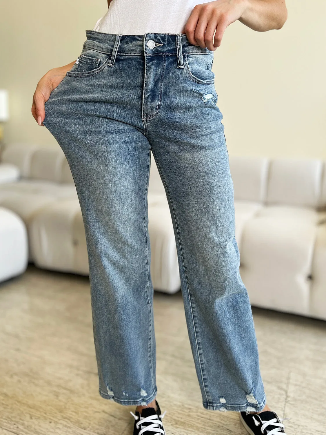 The Kelsey- Judy Blue Distressed Straight Jeans